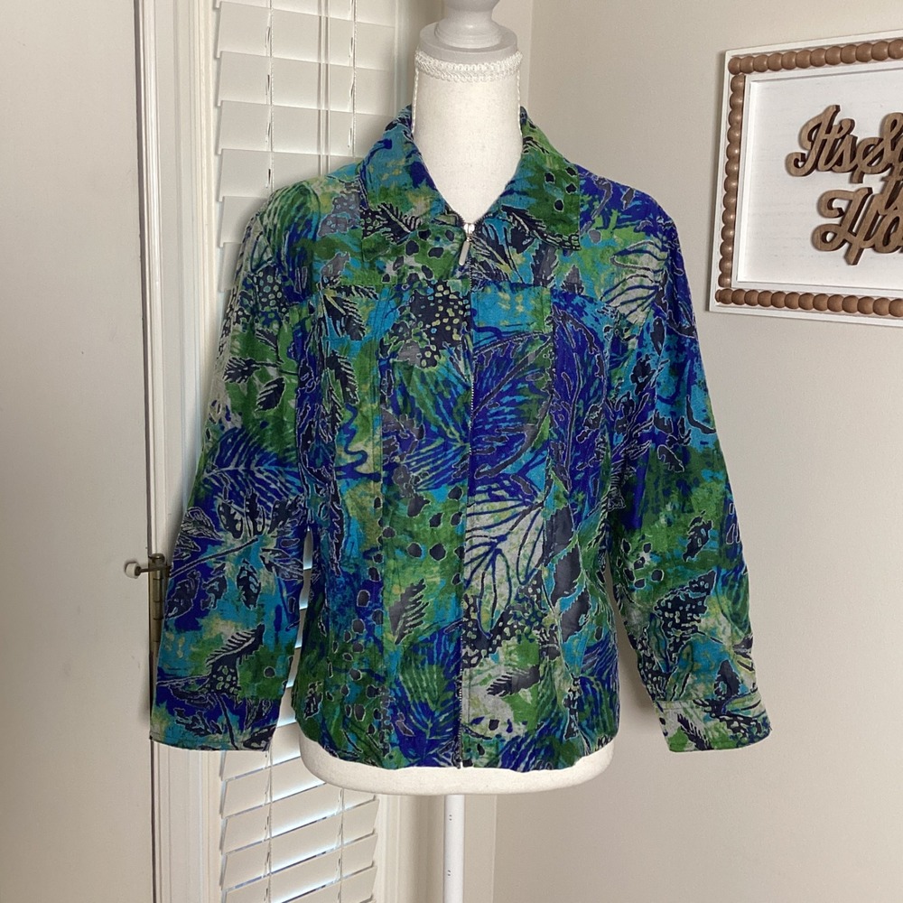 Ruby Rd Tropical Zip Front Jacket Womens 12 Blue Green Boho Artsy Burnout Travel